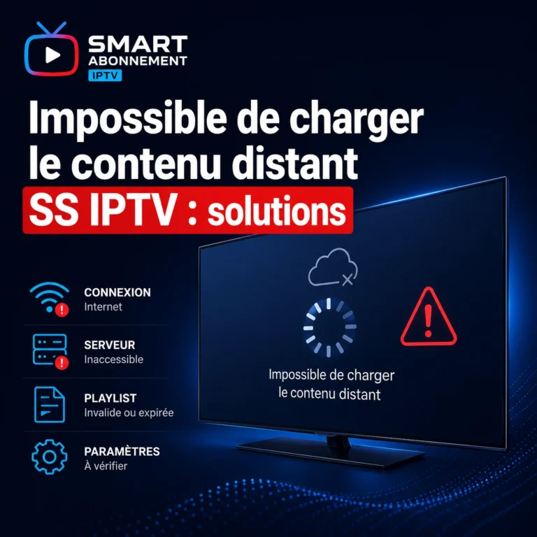 Visuel carré Smart Abonnement IPTV sur fond bleu nuit, avec logo en haut à gauche, téléviseur affichant une erreur de chargement SS IPTV et pictogrammes indiquant les causes possibles : connexion Internet, serveur inaccessible, playlist invalide ou expirée et paramètres à vérifier.